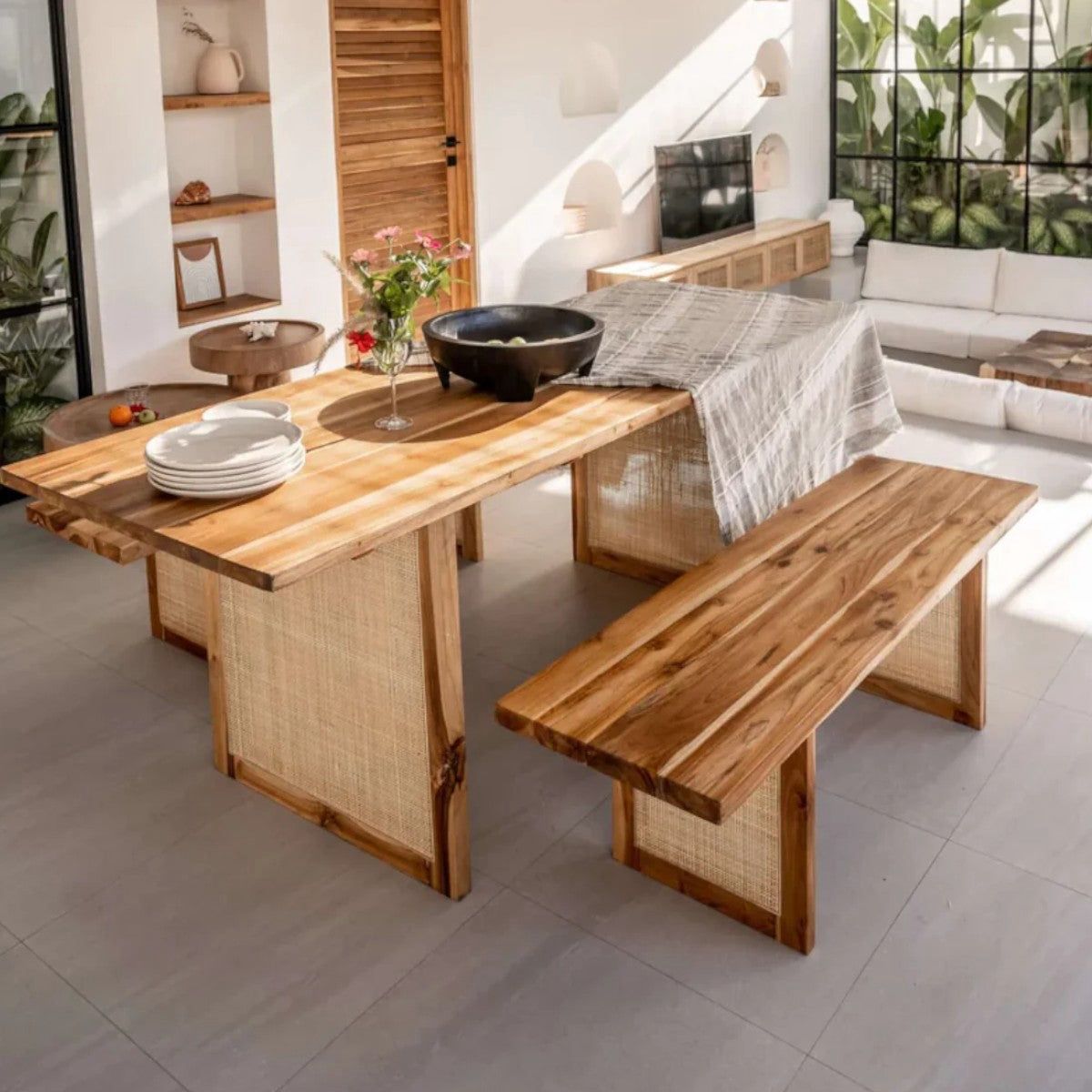JV TEAK WOOD RATTAN 6 SEATER DINING BENCH