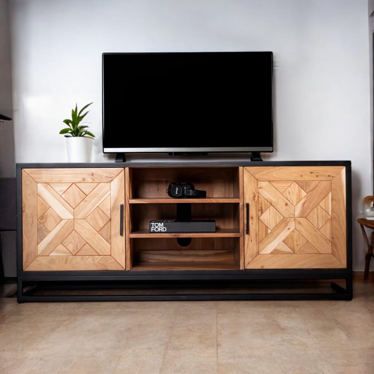 AYANA SOLID ACCACIA WOOD TV UNIT IN LIGHT BROWN WITH BLACK FRAME