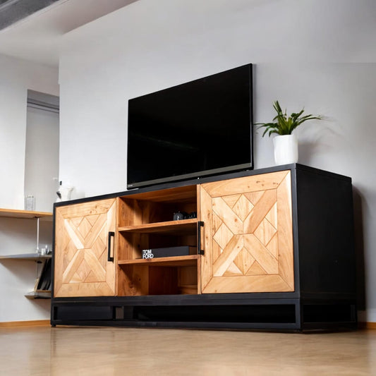 AYANA SOLID ACCACIA WOOD TV UNIT IN LIGHT BROWN WITH BLACK FRAME
