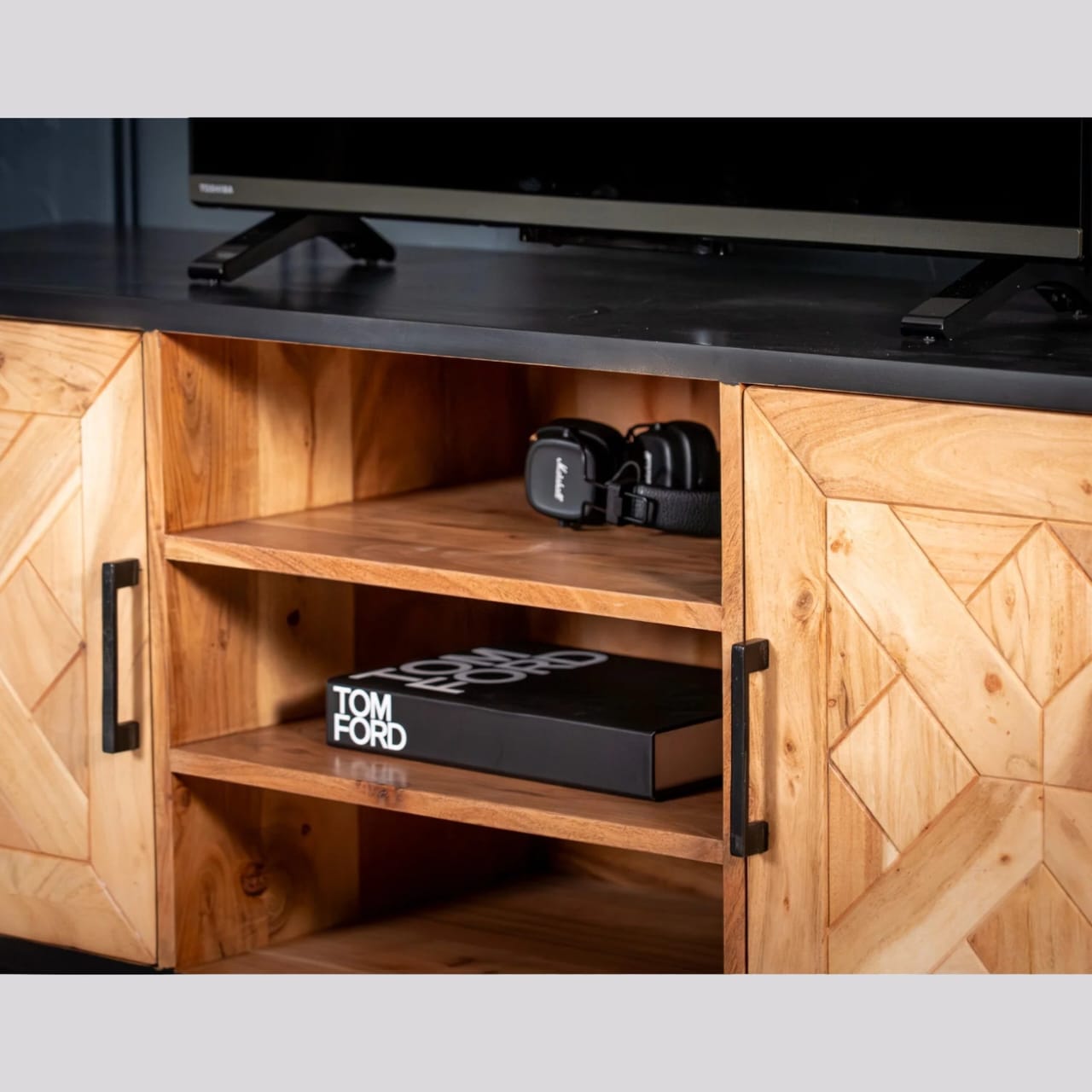 AYANA SOLID ACCACIA WOOD TV UNIT IN LIGHT BROWN WITH BLACK FRAME
